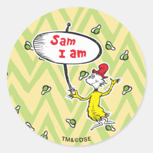 Adesivo Redondo Dr. Seuss   Sam-I-Am Segurando Placa