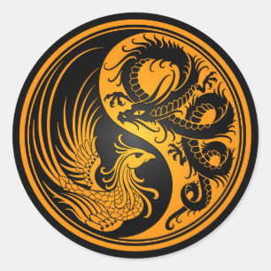 Adesivo Redondo Dragão amarelo e preto Phoenix Yin Yang