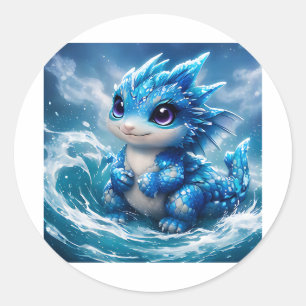 Adesivo Redondo Dragão Bebê Azul Onda de Água