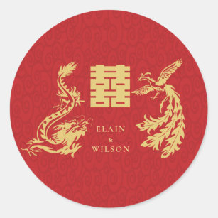 Adesivo Redondo Dragão do Casamento Chinês-Phoenix Vermelho duplo 