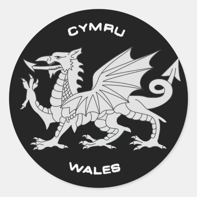 Adesivo Redondo Dragão do País de Gales (Cymru) em preto e Cinza (Frente)