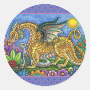 ADESIVO REDONDO DRAGÃO MEDIEVAL E JARDIM DE ARTE FOLK JOVEM E COLO