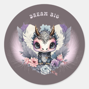 Adesivo Redondo Dragão Pequeno "Dream Big", branco rosa