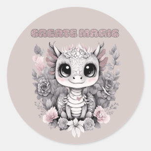 Adesivo Redondo Dragão Pequeno "Mágico Crio", branco rosa