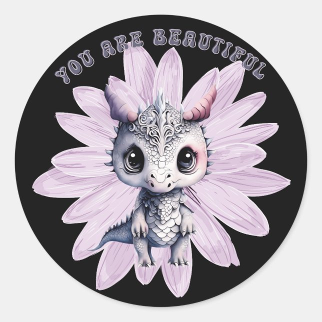 Adesivo Redondo Dragão Rosa Bonito, Whimical "Você É Bonito" (Frente)