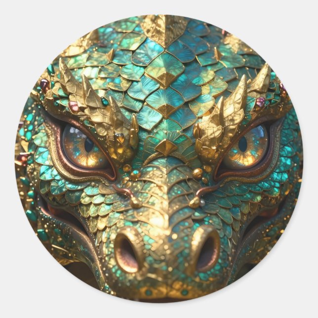 Adesivo Redondo Dragão Turquesa e Dourado (Frente)