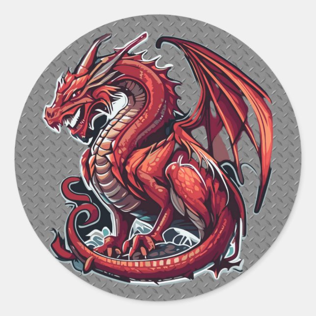 Adesivo Redondo Dragão Vermelho Fiery Em Placa De Diamante De Meta (Frente)