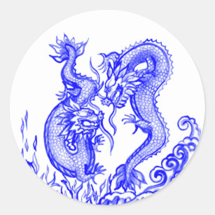Adesivo Redondo Dragões Dramáticos Azul Água Branca Fogo Asiático