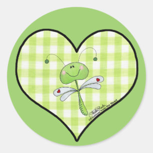 Adesivo Redondo Dragon Fly em um coração verde de gingham