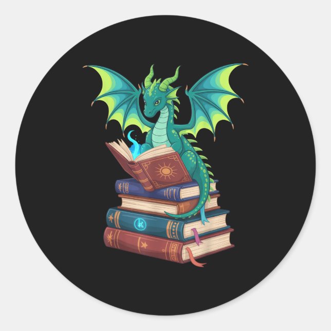 Adesivo Redondo Dragon Reading Books Fantasy Lovers Mythical Creat (Frente)