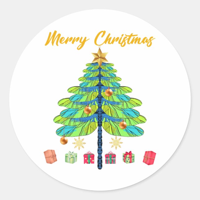 Adesivo Redondo Dragonfly Christmas Tree Gift (Frente)