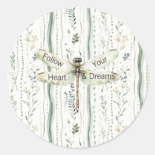 Adesivo Redondo Dragonfly Green White Chic Floral Inspirational  (Frente)