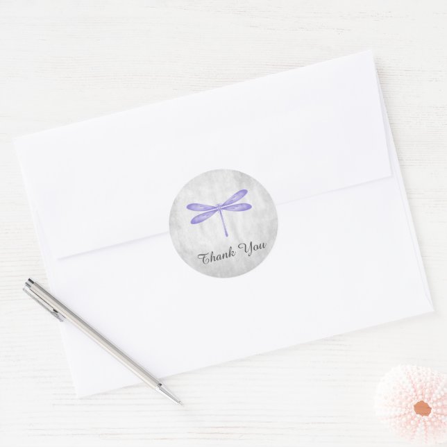 Adesivo Redondo Dragonfly Roxa Obrigado Vinhetas (Envelope)