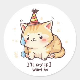 Adesivo Redondo Dramatic Cat Crying Party Sticker - Relatable Humo