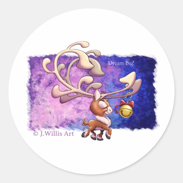 Adesivo Redondo DREAM BIG CHRISTMAS REINDEER de Jeff Willis Art (Frente)