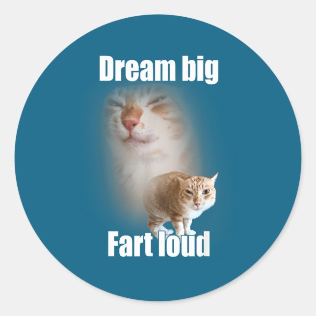 Adesivo Redondo Dream Big Fart Loud Cat Meme Funny Saying  (Frente)