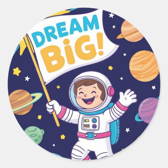 Adesivo Redondo Dream Big with a Kid Astronaut (Frente)
