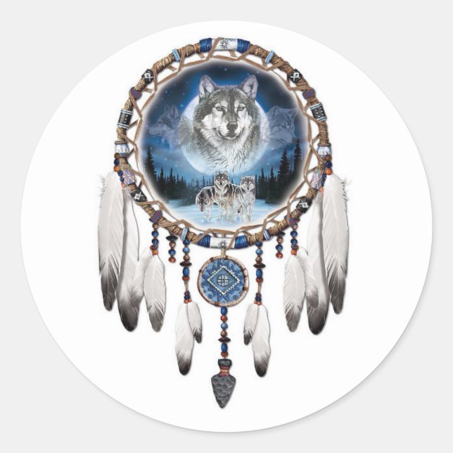 Adesivo Redondo Dream Catcher com fundo de lobo (Frente)