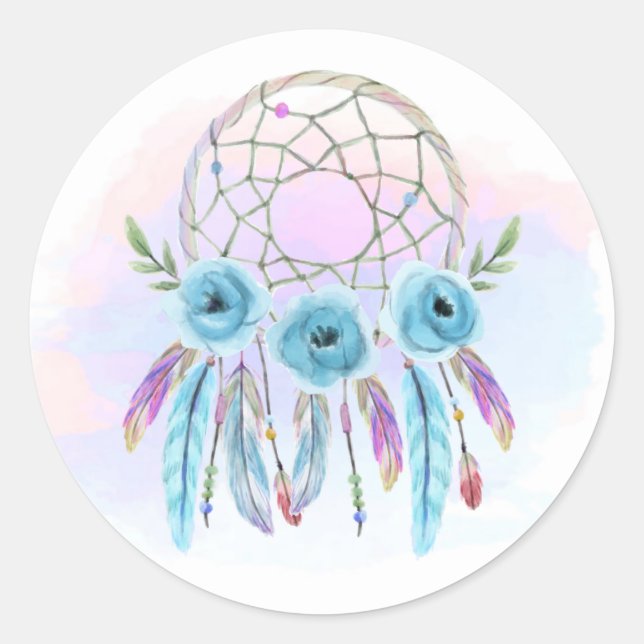 Adesivo Redondo Dreamcatcher Watercolor Penas Russas Boho Chic (Frente)