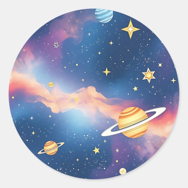 Adesivo Redondo Dreamy Galaxy Planets Stars Pattern (Frente)