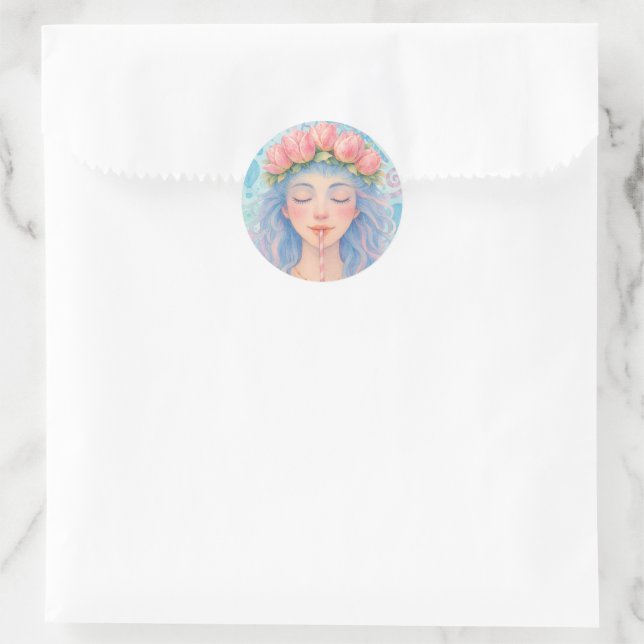Adesivo Redondo Dreamy Pastel Girl with Tulip Flower Crown Illustr (Bolsa)