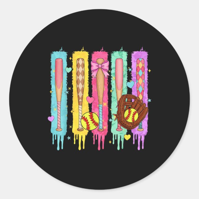 Adesivo Redondo Drives de Softball do Sorvete do Softball Player (Frente)
