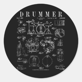 Adesivo Redondo Drum Set Kit Vintage Patent Drummer Drawing Print