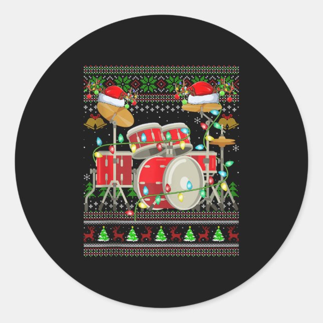 Adesivo Redondo Drum Ugly Christmas Sweater Musical Drum Player Dr (Frente)