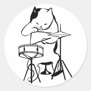 Adesivo Redondo Drummer Cat Drums Músico Rock Jazz Engraçado