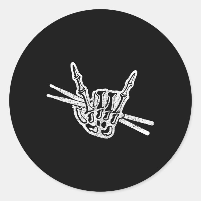Adesivo Redondo Drummer Halloween Skeleton Hand Rock and Roll Drum (Frente)