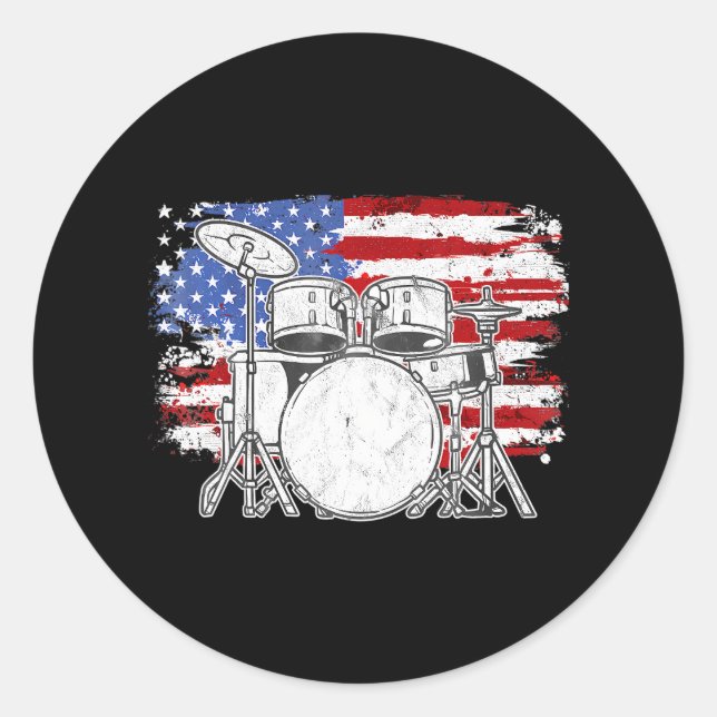 Adesivo Redondo Drummer Set Drums EUA Flag American 4th Of (Frente)
