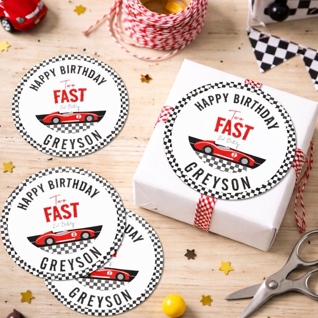 Adesivo Redondo Duas Festas de segundo aniversário Rápido de Carro (Two Fast Race Car Boy 2nd Birthday Party Classic Round Sticker
)