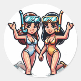 Adesivo Redondo Duas garotas fazendo snorkeling