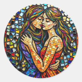 Adesivo Redondo Duas Mulheres no Estilo de Azulejo Mosaico Arte Ai