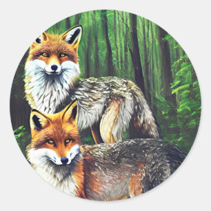 Adesivo Redondo duas raposas jovens, arte da fauna selvagem