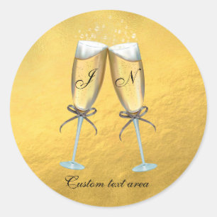 Adesivo Redondo Duas Taças de Espumante Falso Ouro Personalizado