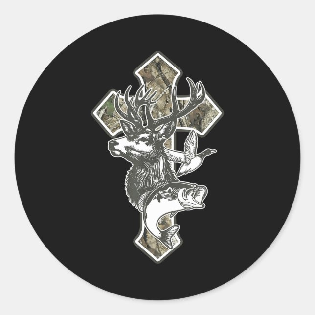 Adesivo Redondo Duck Deer Dove Camo Cross Christian Hello Hunting  (Frente)