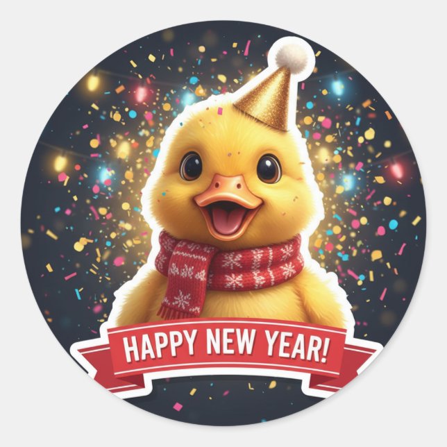 Adesivo Redondo Duckling New Year Celebration Sticker (Frente)