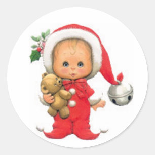 Adesivo Redondo Duende e ursinho do bebê do Natal