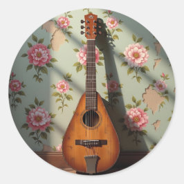 Adesivo Redondo Dulcimer Vintage Floral de Seis Cordas