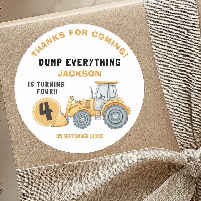 Adesivo Redondo "DUMP EVERYTHING! Construction Birthday 4 (Criador carregado)