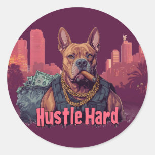 Adesivo Redondo Duro de Hustle - Cachorro Pitbull com Dinheiro e C