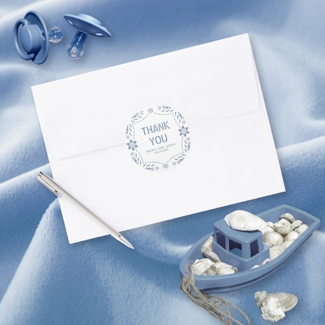 Adesivo Redondo Dusty azul papel picado Obrigado Chá de fraldas (Criador carregado)