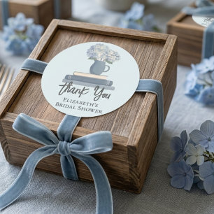 Adesivo Redondo Dusty Blue Books Hydrangea Carta de Agradecimento