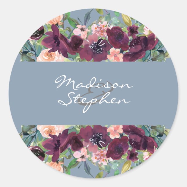 Adesivo Redondo Dusty Blue | Casamento Floral De Burgundy Watercol (Frente)