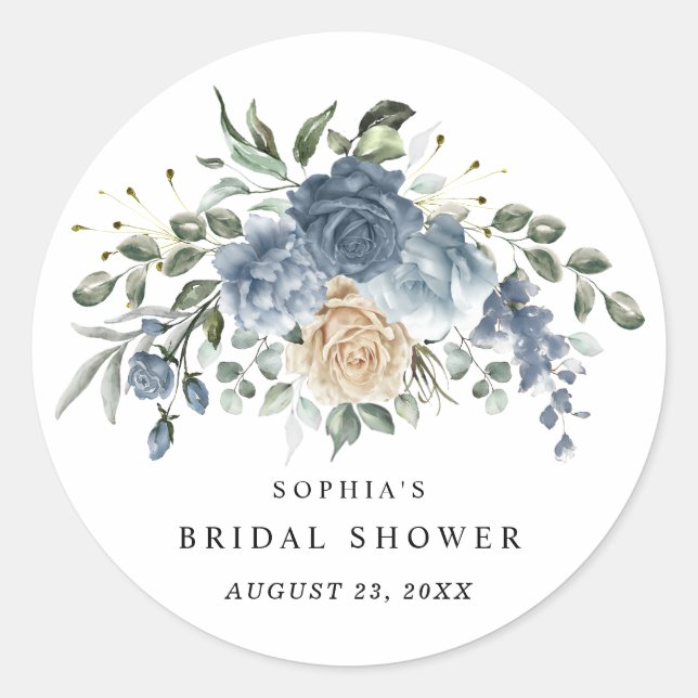 Adesivo Redondo Dusty Blue & Champagne Floral Bridal Shower (Frente)