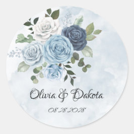 Adesivo Redondo Dusty Blue Chic Watercolor Rustic Florals Casament
