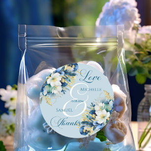 Adesivo Redondo Dusty Blue Dourado Casamento Floral