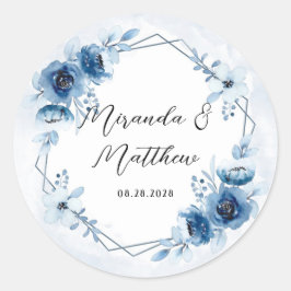 Adesivo Redondo Dusty Blue e Marinho Watercolor Casamento Floral