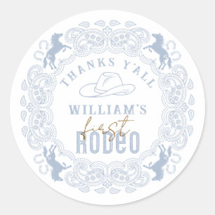 Adesivo Redondo Dusty Blue First Rodeo Birthday Favor Sticker -